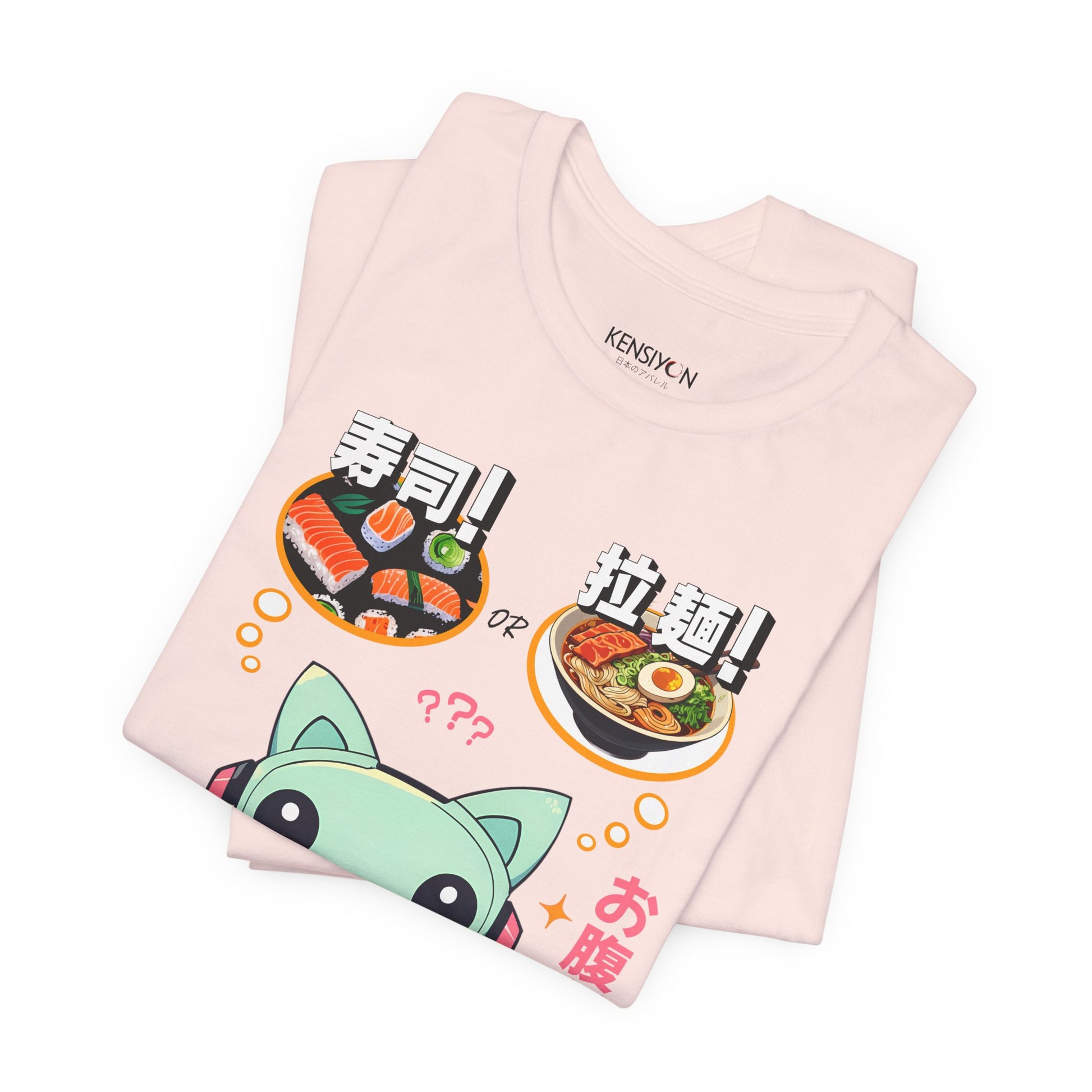 Kawaii Animal Robot Deciding Between Sushi or Ramen T-Shirt__Soft Pink__ Folded Unisex T-Shirt