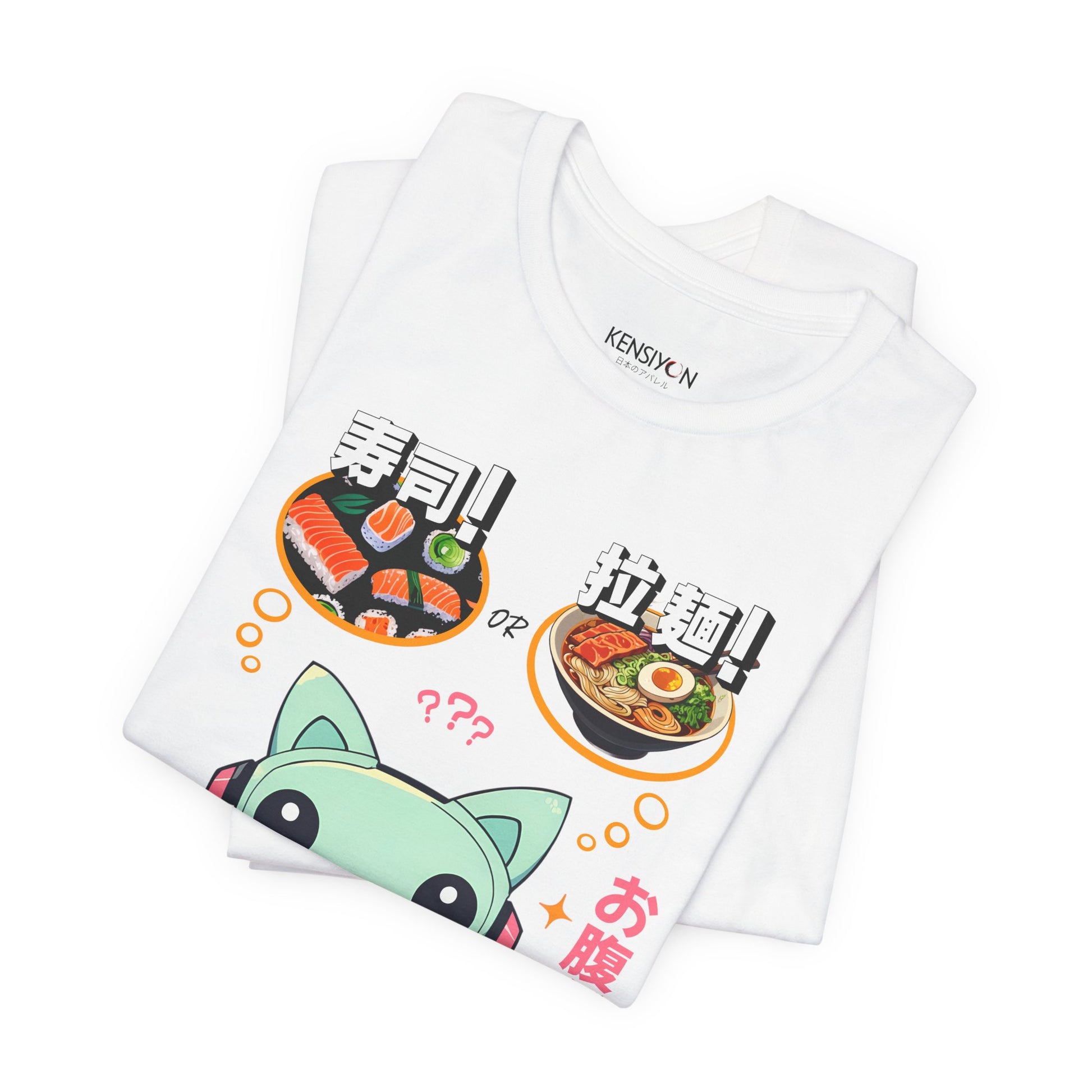 Kawaii Animal Robot Deciding Between Sushi or Ramen T-Shirt__White__ Folded Unisex T-Shirt