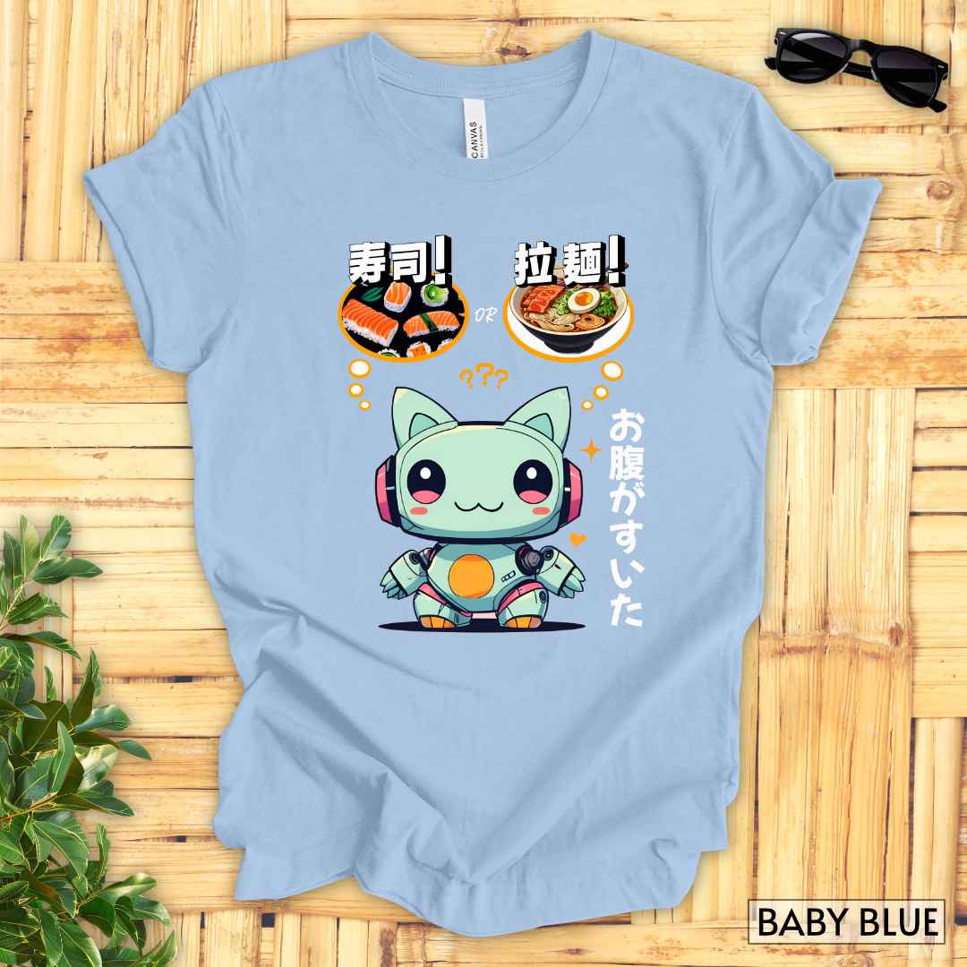 Kawaii Animal Robot Deciding Between Sushi or Ramen T-Shirt__Baby Blue__ Mockup Unisex T-Shirt