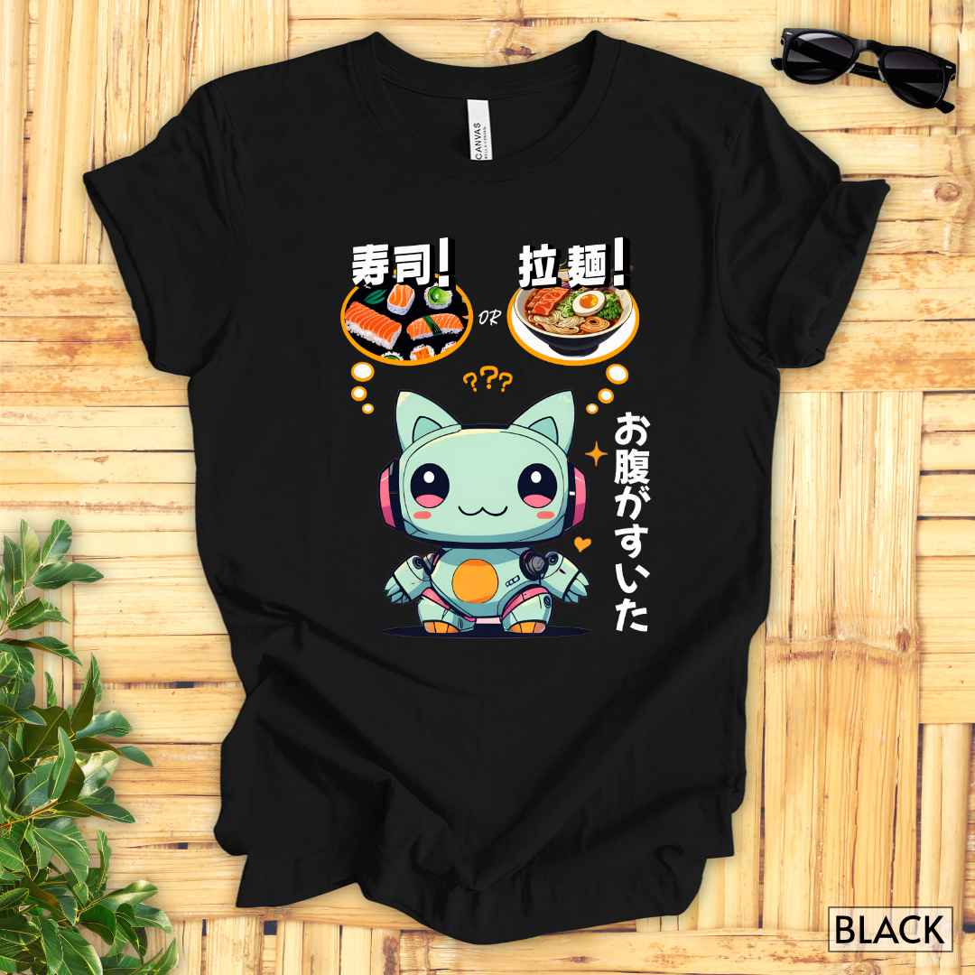 Kawaii Animal Robot Deciding Between Sushi or Ramen T-Shirt__Black__ Mockup Unisex T-Shirt