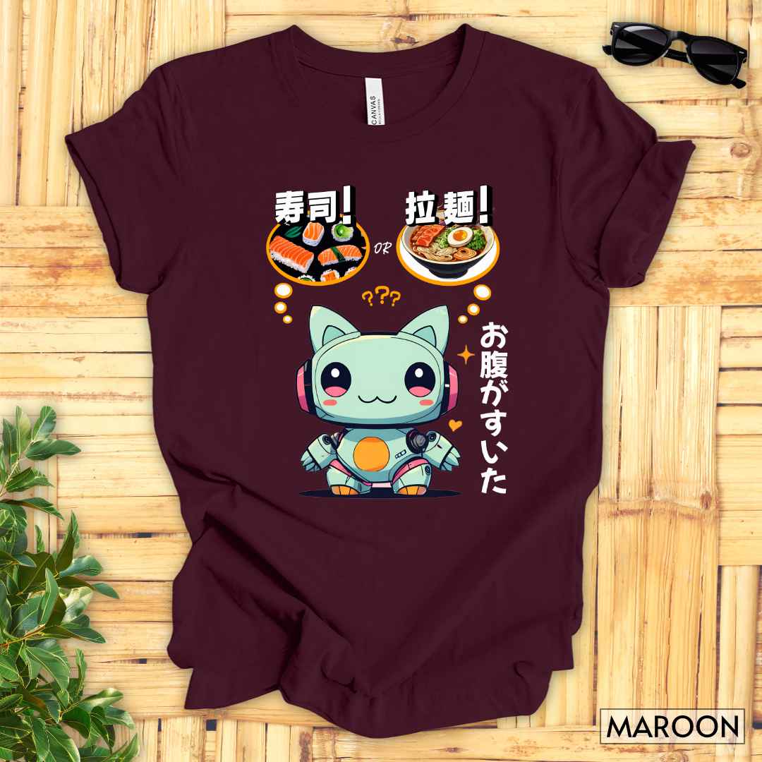 Kawaii Animal Robot Deciding Between Sushi or Ramen T-Shirt__Maroon__ Mockup Unisex T-Shirt