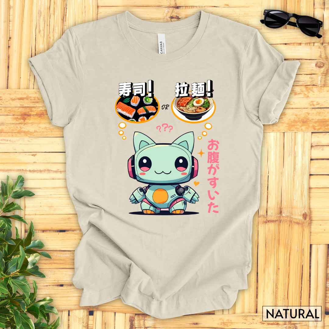 Kawaii Animal Robot Deciding Between Sushi or Ramen T-Shirt__Natural__ Mockup Unisex T-Shirt