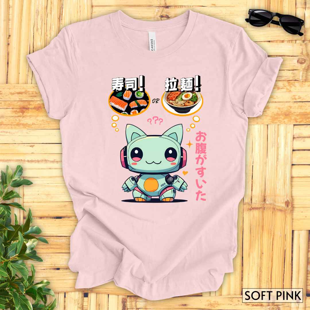 Kawaii Animal Robot Deciding Between Sushi or Ramen T-Shirt__Soft Pink__ Mockup Unisex T-Shirt
