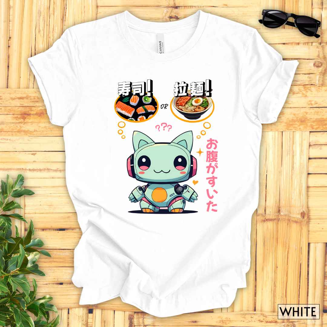 Kawaii Animal Robot Deciding Between Sushi or Ramen T-Shirt__White__ Mockup Unisex T-Shirt