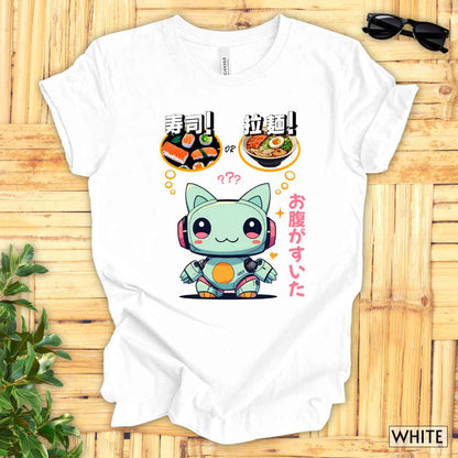 Kawaii Animal Robot Deciding Between Sushi or Ramen T-Shirt__White__ Mockup Unisex T-Shirt