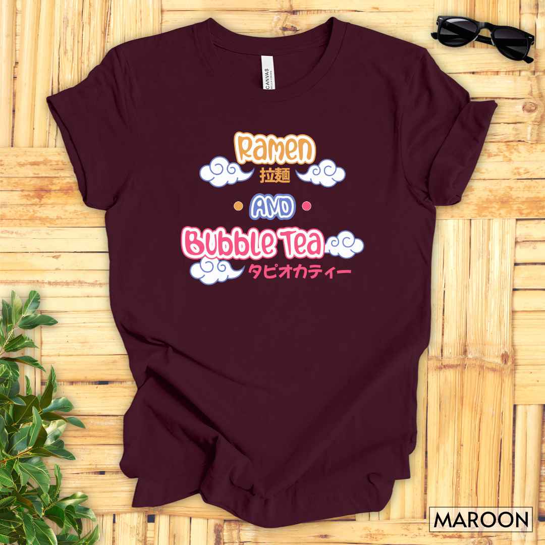 Ramen and Bubble Tea T-Shirt__Maroon__ Mockup Unisex T-Shirt