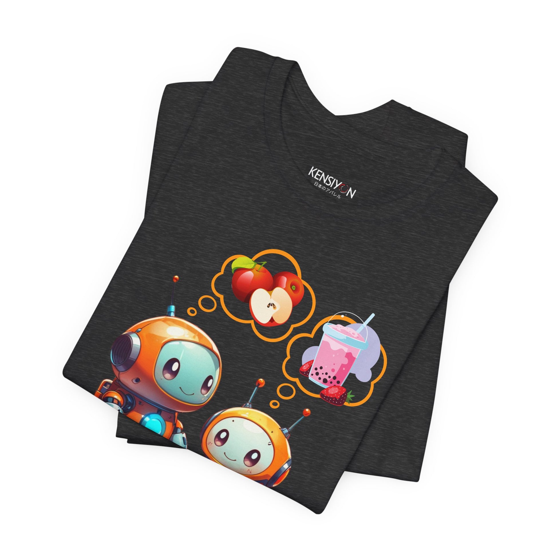 Hungry Kawaii Robots T-Shirt__Dark Grey Heather__ Folded Unisex T-Shirt