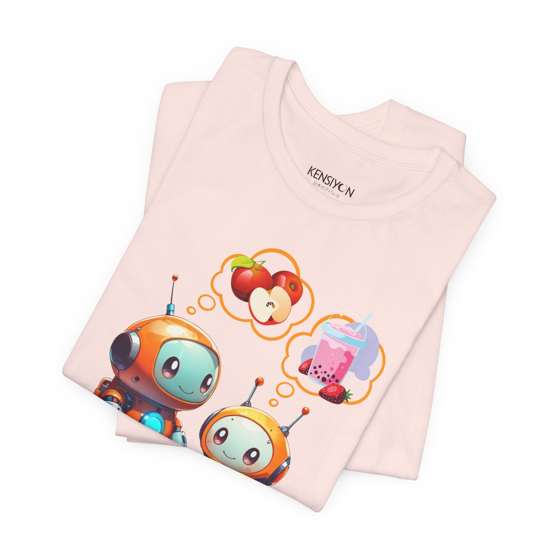 Hungry Kawaii Robots T-Shirt__Soft Pink__ Folded Unisex T-Shirt