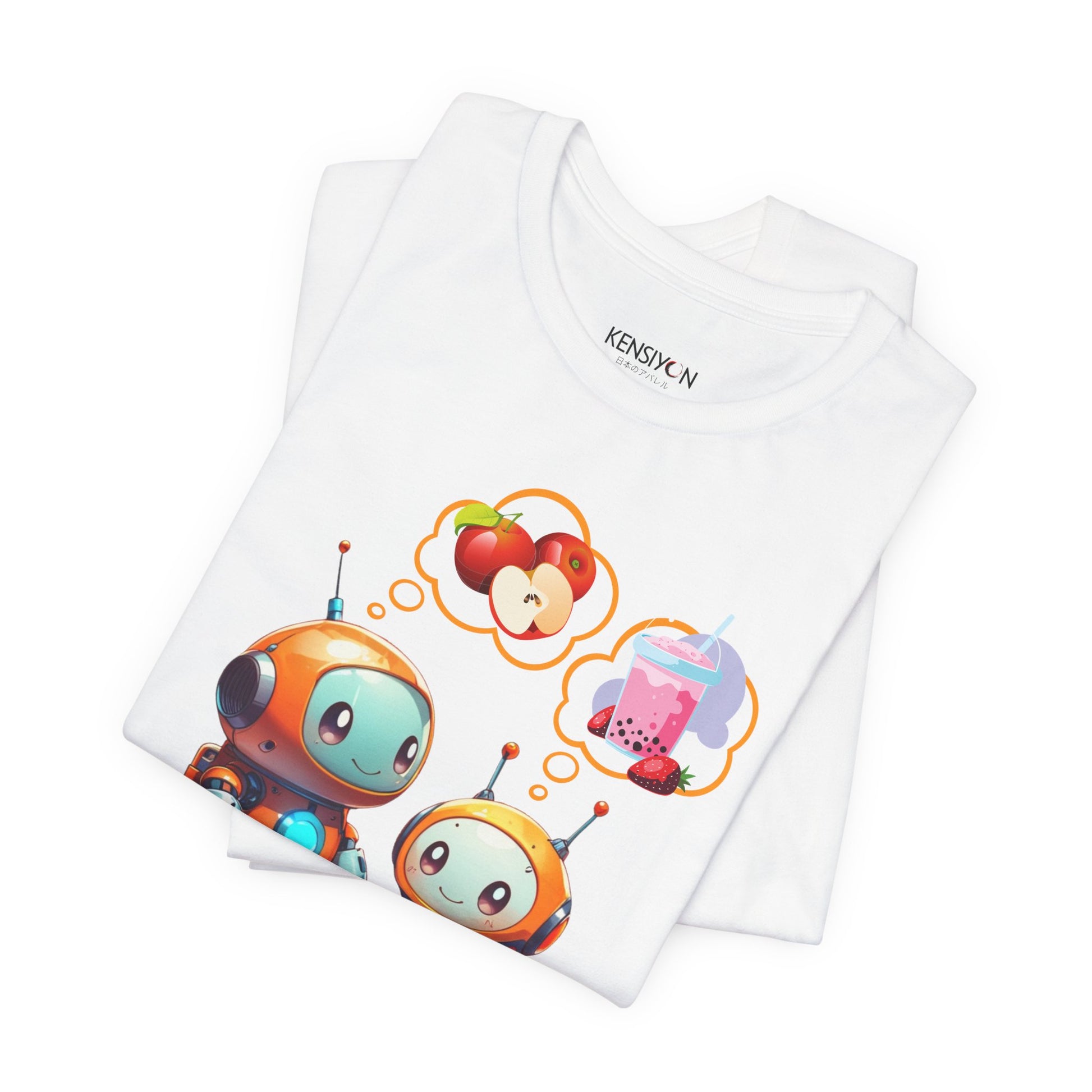 Hungry Kawaii Robots T-Shirt__White__ Folded Unisex T-Shirt