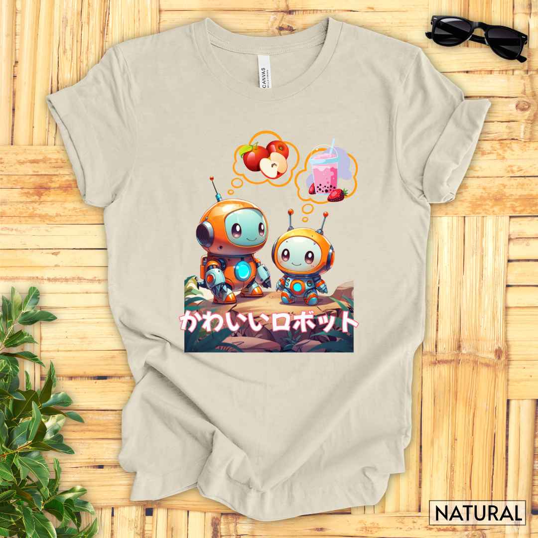 Hungry Kawaii Robots T-Shirt__Natural__ Mockup Unisex T-Shirt