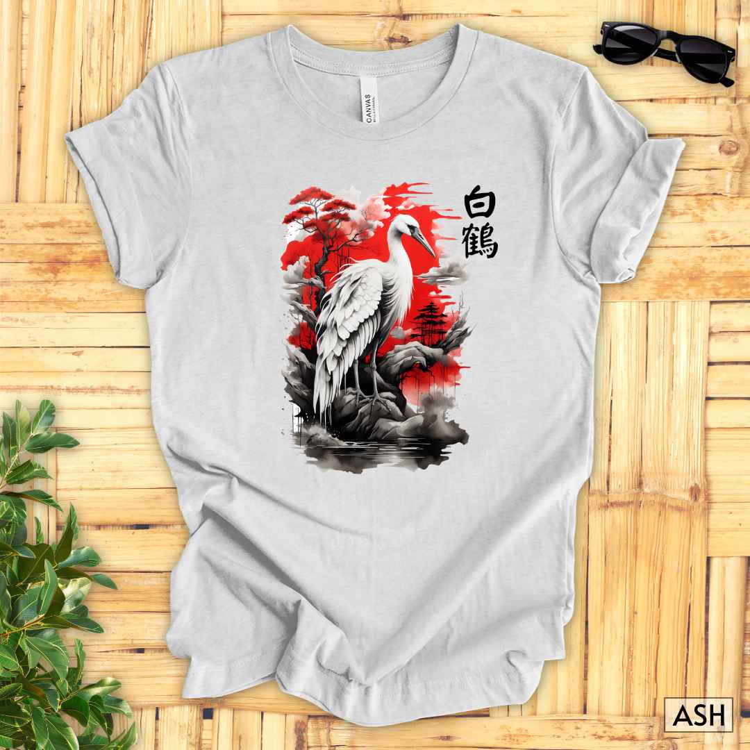 Sumi-e White Crane T-Shirt__Ash__ Mockup Unisex T-Shirt