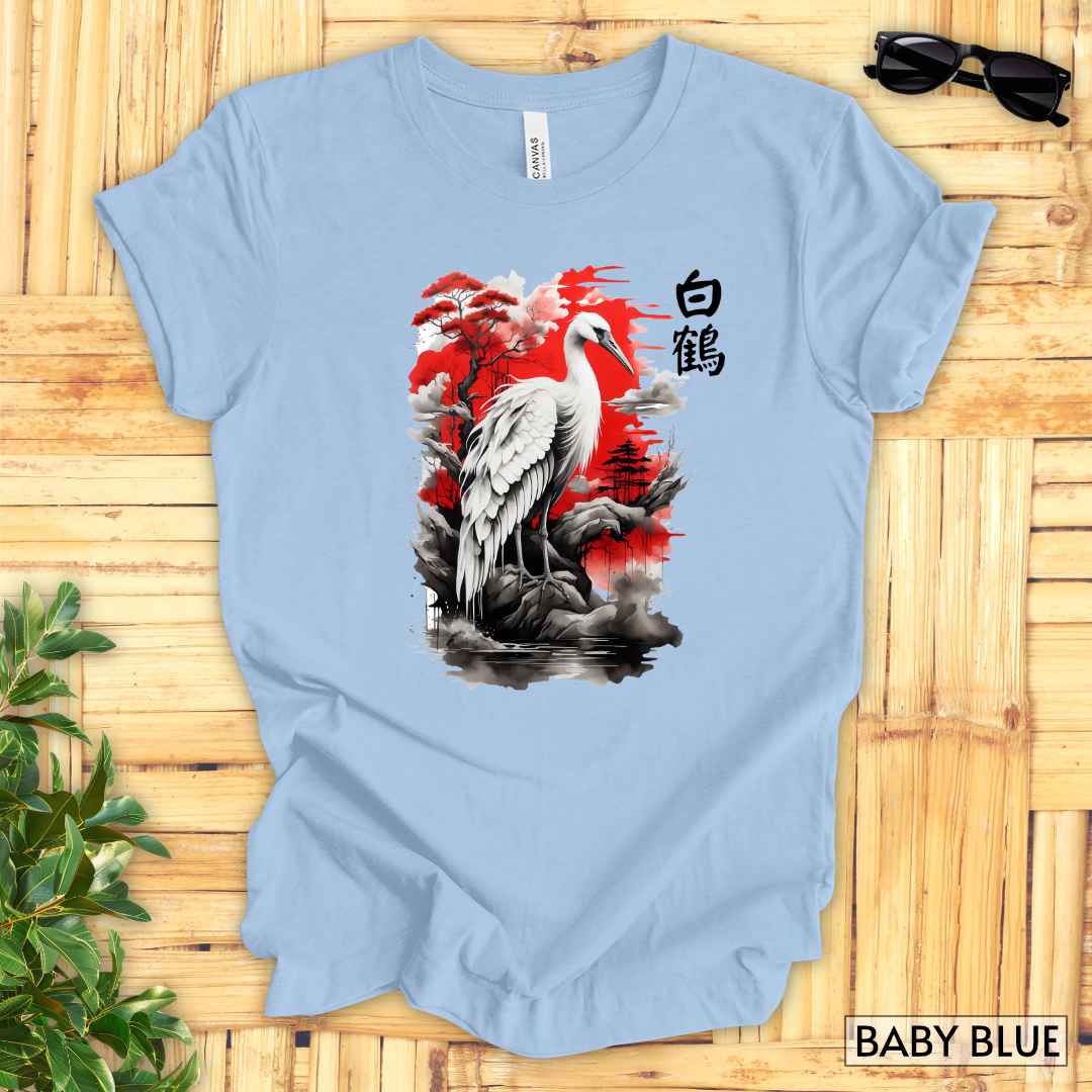 Sumi-e White Crane T-Shirt__Baby Blue__ Mockup Unisex T-Shirt