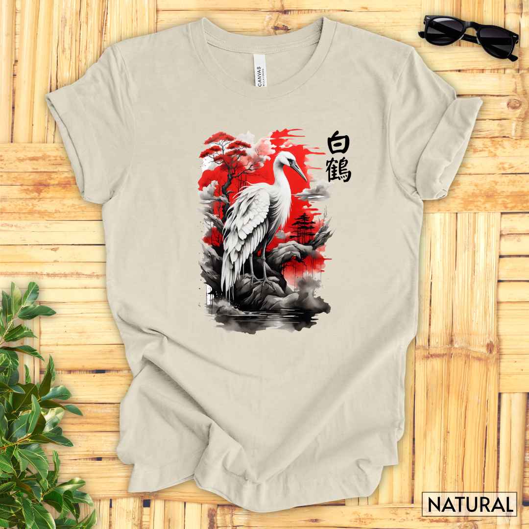 Sumi-e White Crane T-Shirt__Natural__ Mockup Unisex T-Shirt