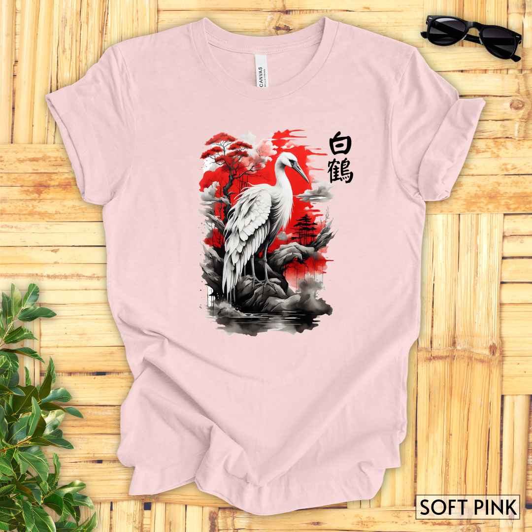 Sumi-e White Crane T-Shirt__Soft Pink__ Mockup Unisex T-Shirt