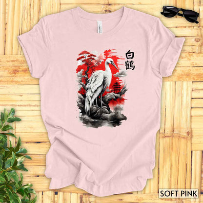 Sumi-e White Crane T-Shirt__Soft Pink__ Mockup Unisex T-Shirt