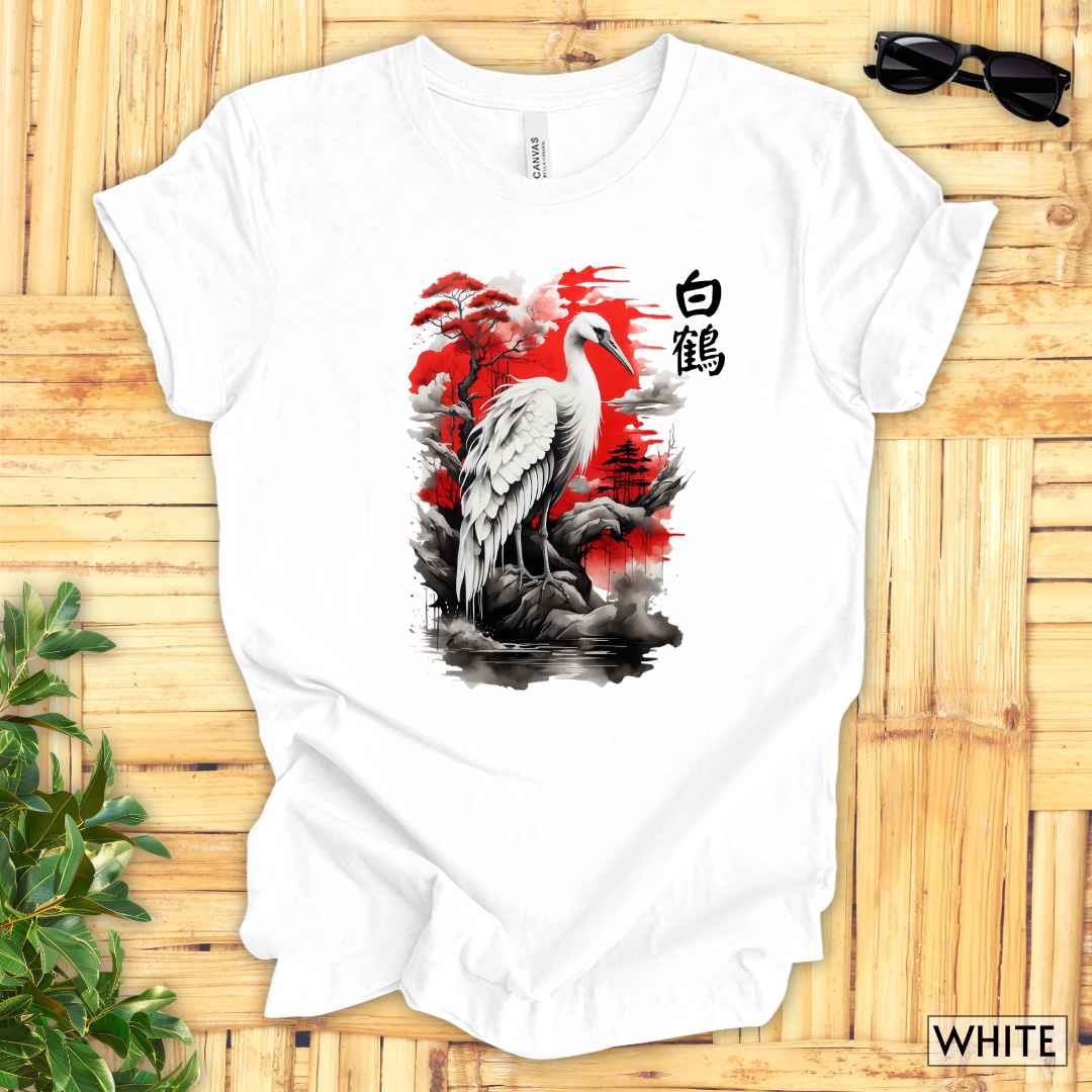 Sumi-e White Crane T-Shirt__White__ Mockup Unisex T-Shirt