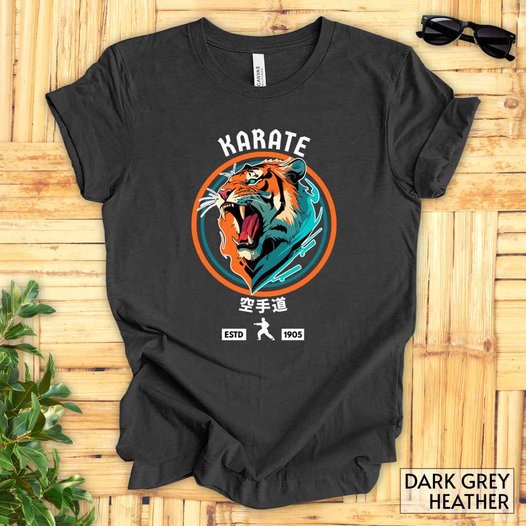Karate Tiger T-Shirt__Dark Grey Heather__ Mockup Unisex T-Shirt