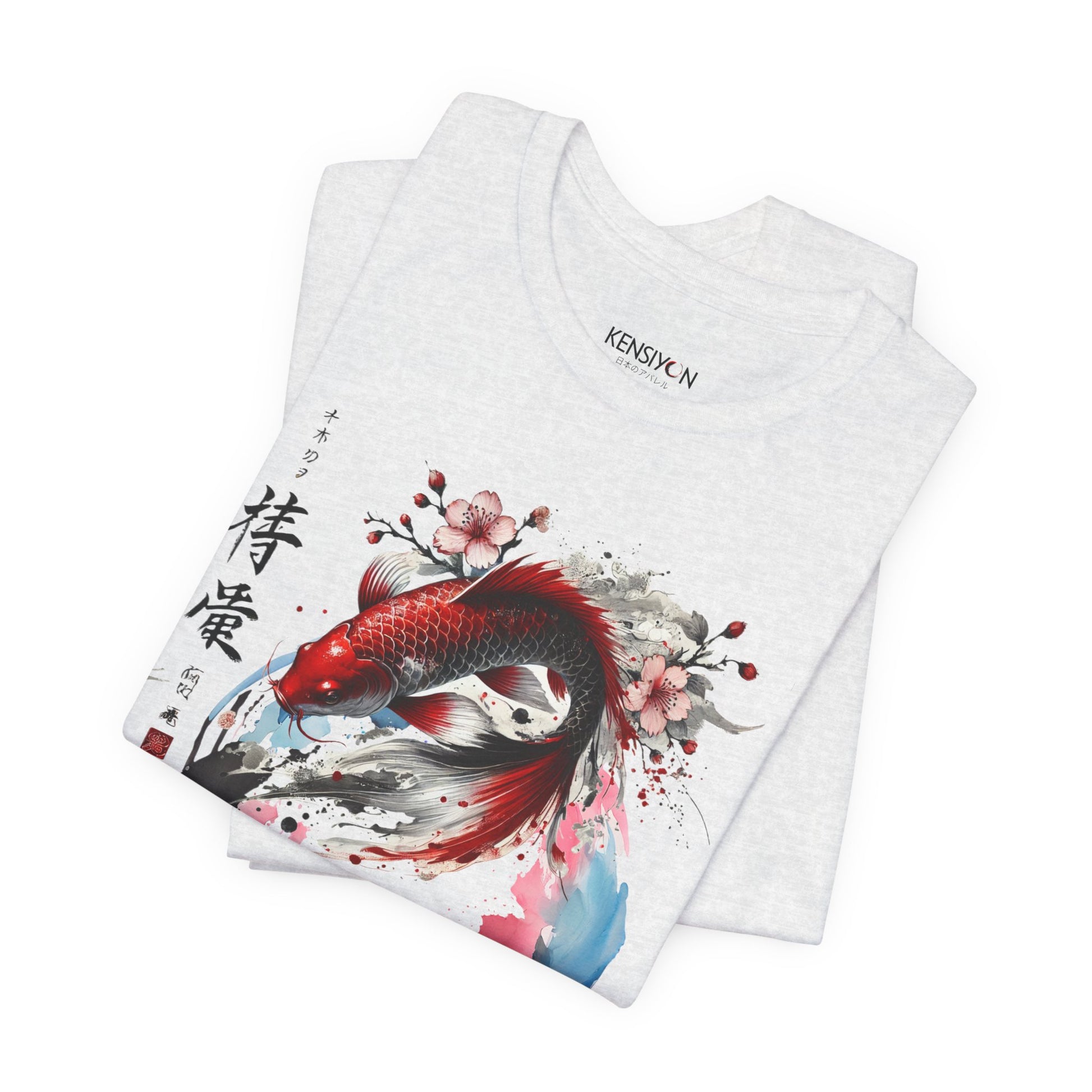 Koi Fish Sumi-e Swirl T-Shirt__Ash__ Folded Unisex T-Shirt