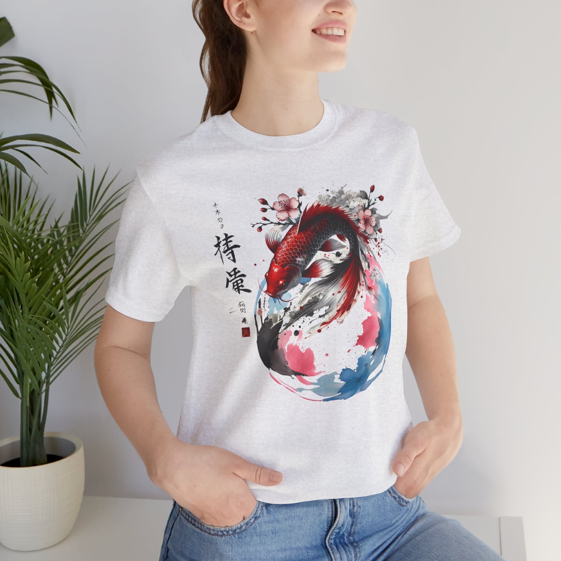 Koi Fish Sumi-e Swirl T-Shirt__Ash__ Lifestyle Unisex T-Shirt