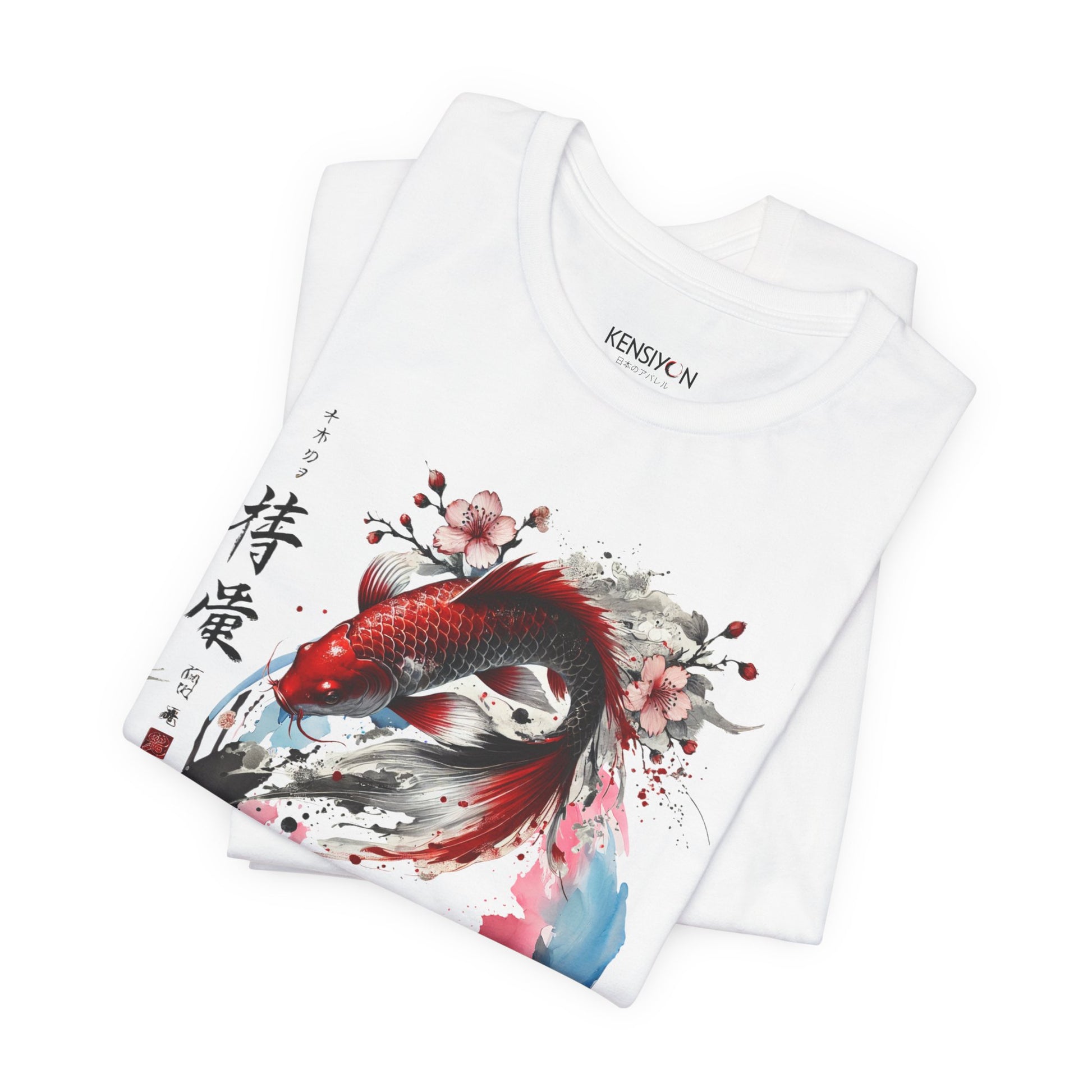Koi Fish Sumi-e Swirl T-Shirt__White__ Folded Unisex T-Shirt