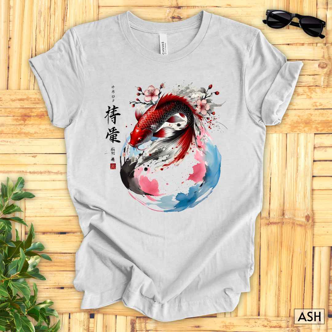 Koi Fish Sumi-e Swirl T-Shirt__Ash__ Mockup Unisex T-Shirt