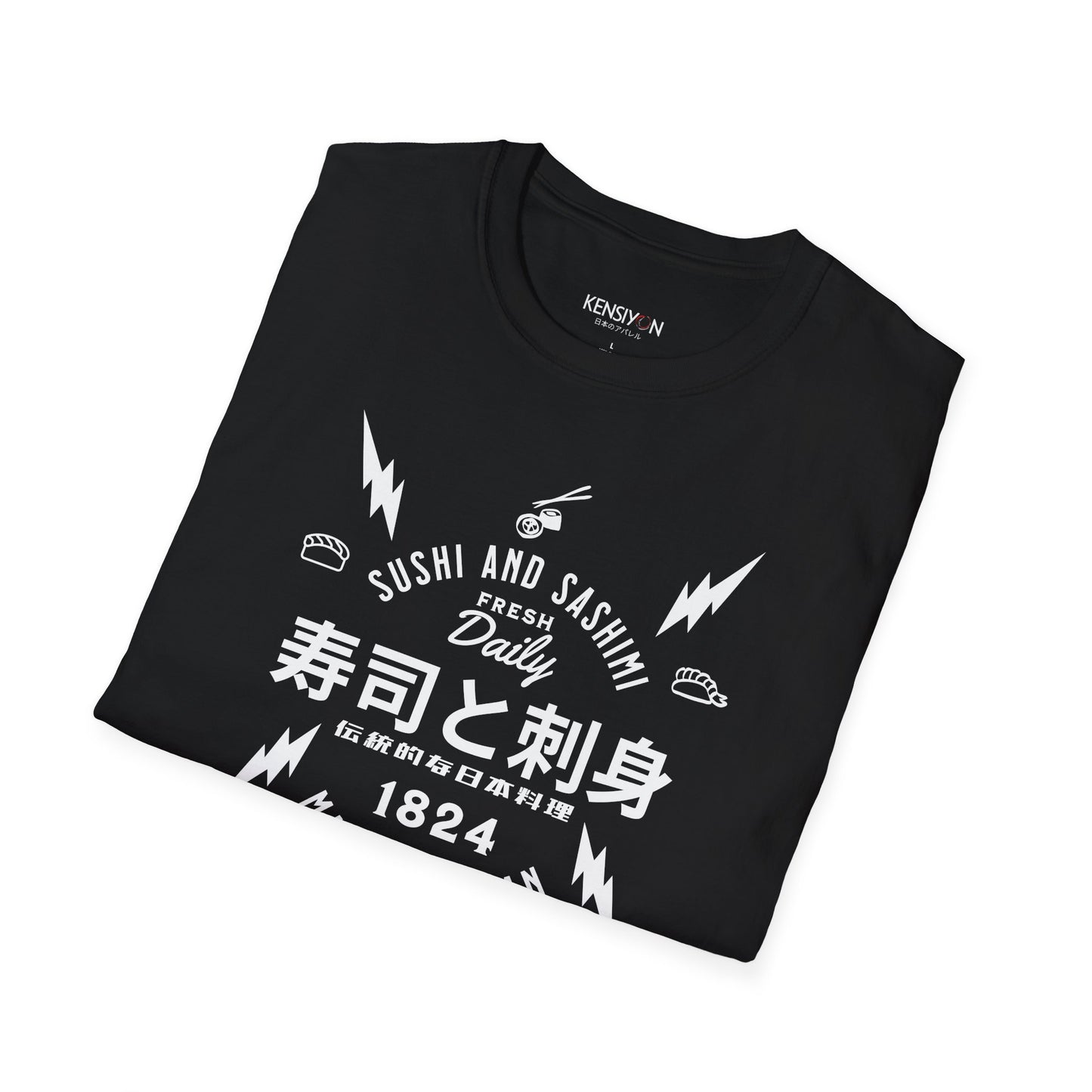 Sushi and Sashimi Typography Unisex T-Shirt__Black__ Folded Mockup