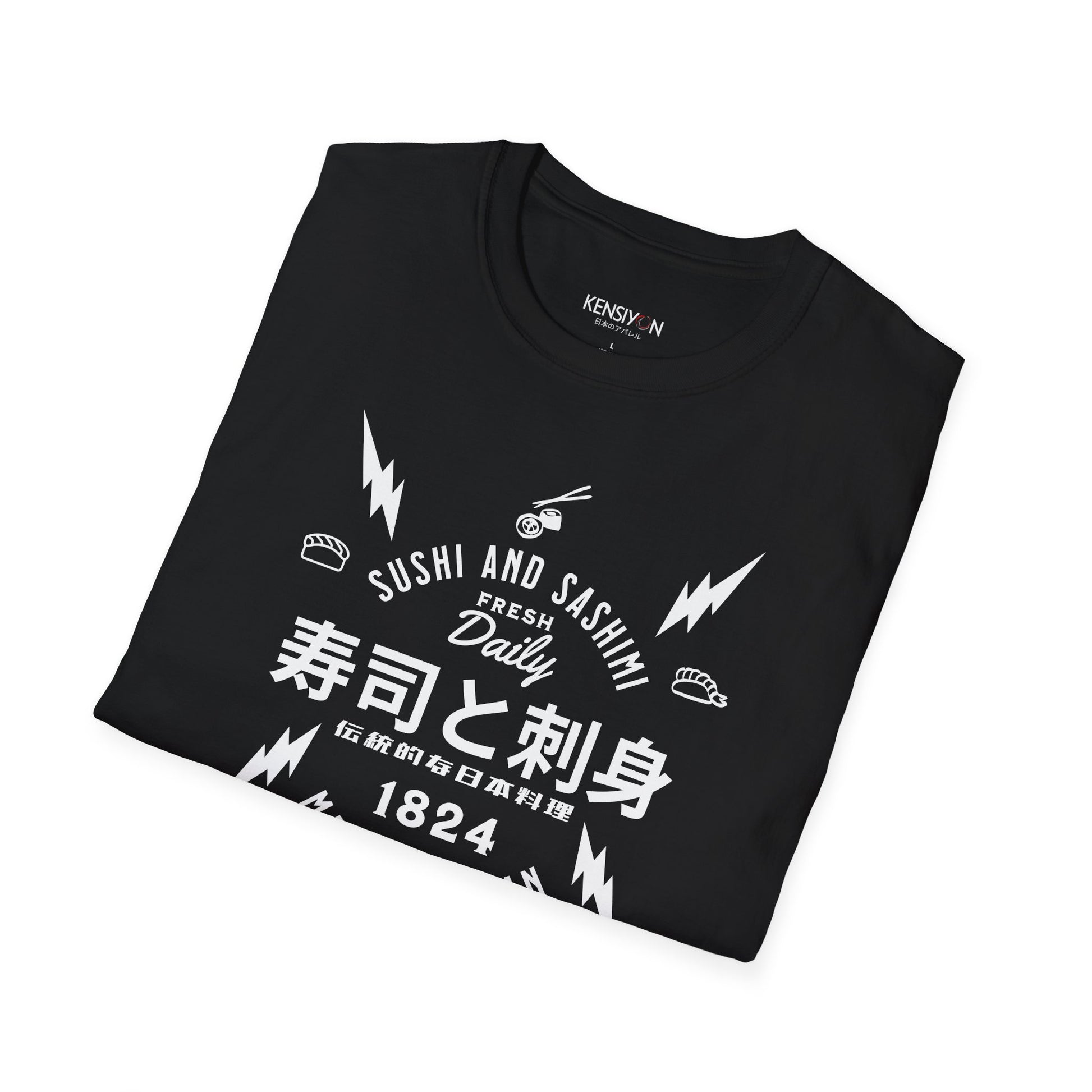 Sushi and Sashimi Typography Unisex T-Shirt__Black__ Folded Mockup