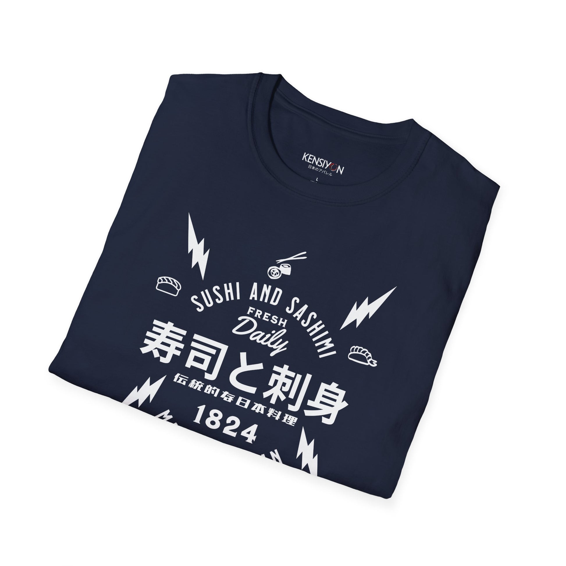 Sushi and Sashimi Typography Unisex T-Shirt__Navy__ Folded Mockup