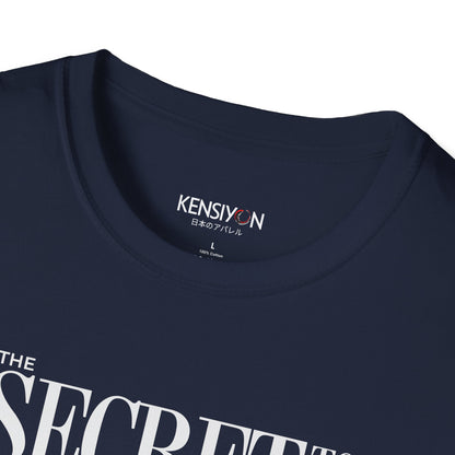 The Secret to Success, Never Stop Trying v1 Unisex T-Shirt__Navy__ Neck Label Mockup