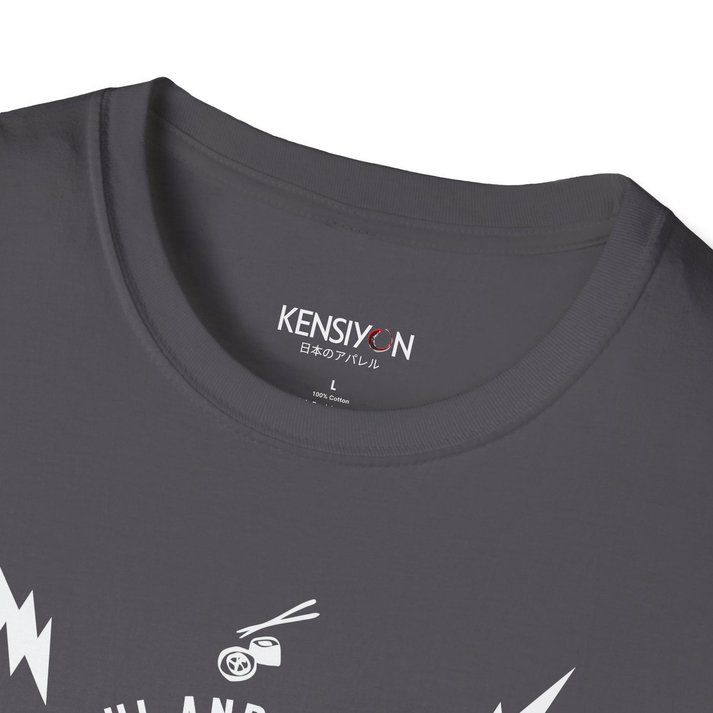 Sushi and Sashimi Typography Unisex T-Shirt__Charcoal__ Neck Label Mockup