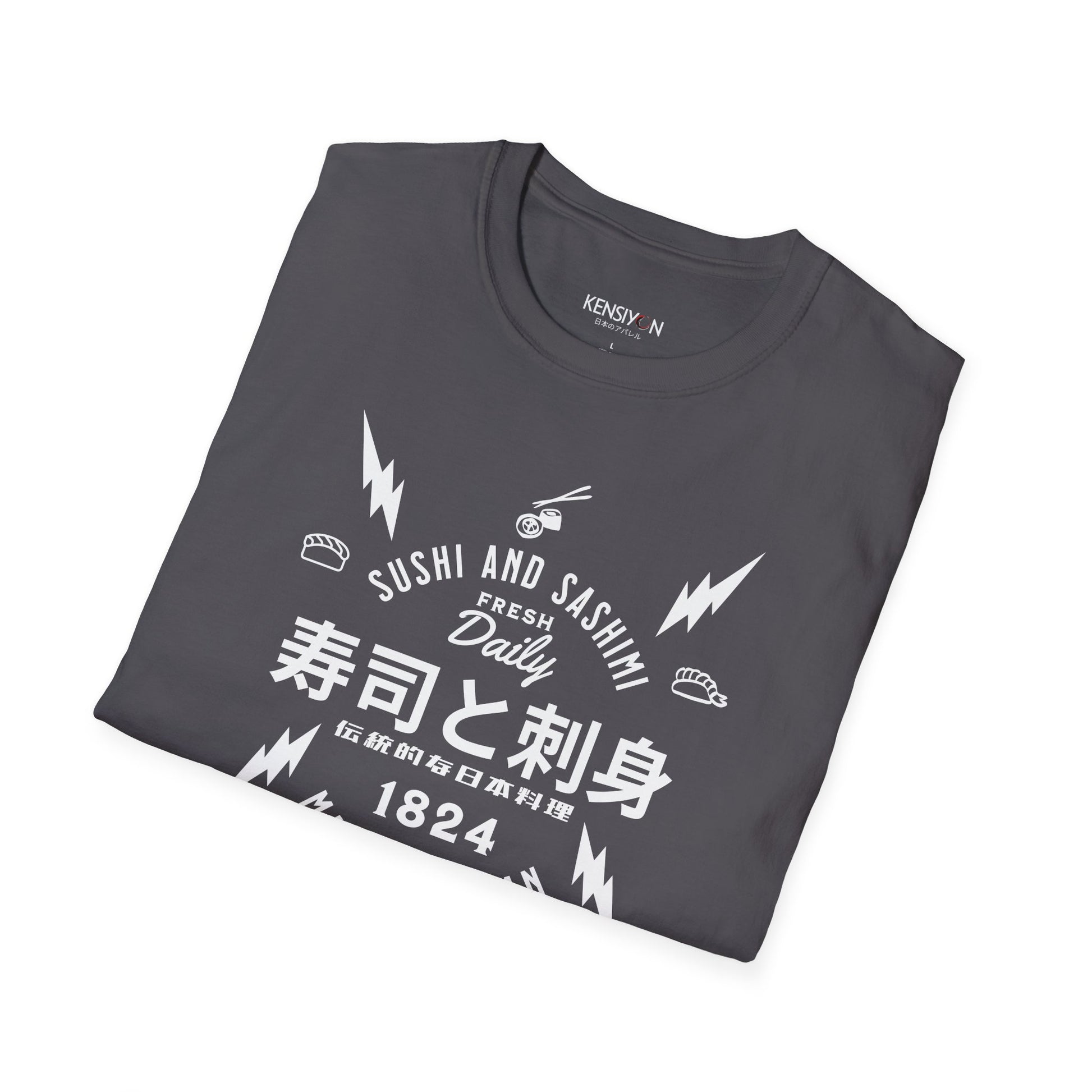 Sushi and Sashimi Typography Unisex T-Shirt__Charcoal__ Folded Mockup