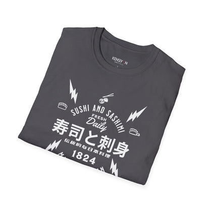 Sushi and Sashimi Typography Unisex T-Shirt__Charcoal__ Folded Mockup
