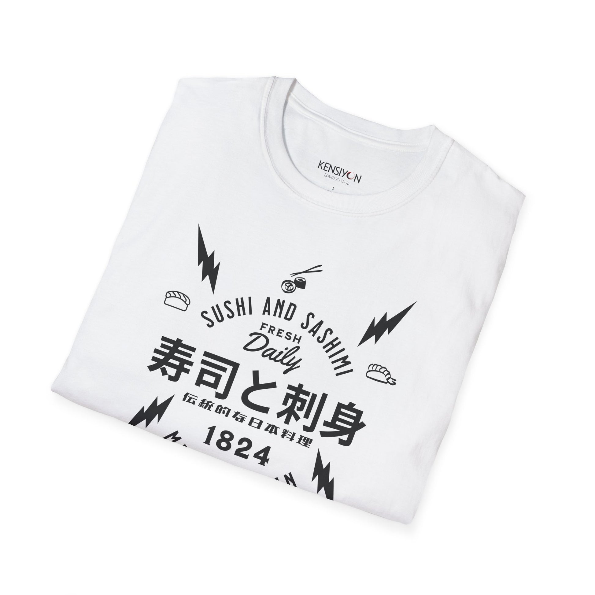 Sushi and Sashimi Typography Unisex T-Shirt__White__ Folded Mockup