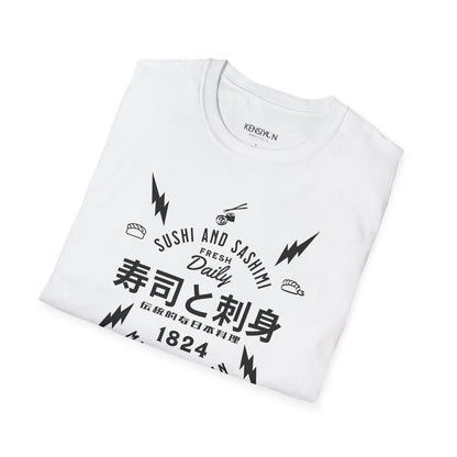 Sushi and Sashimi Typography Unisex T-Shirt__White__ Folded Mockup