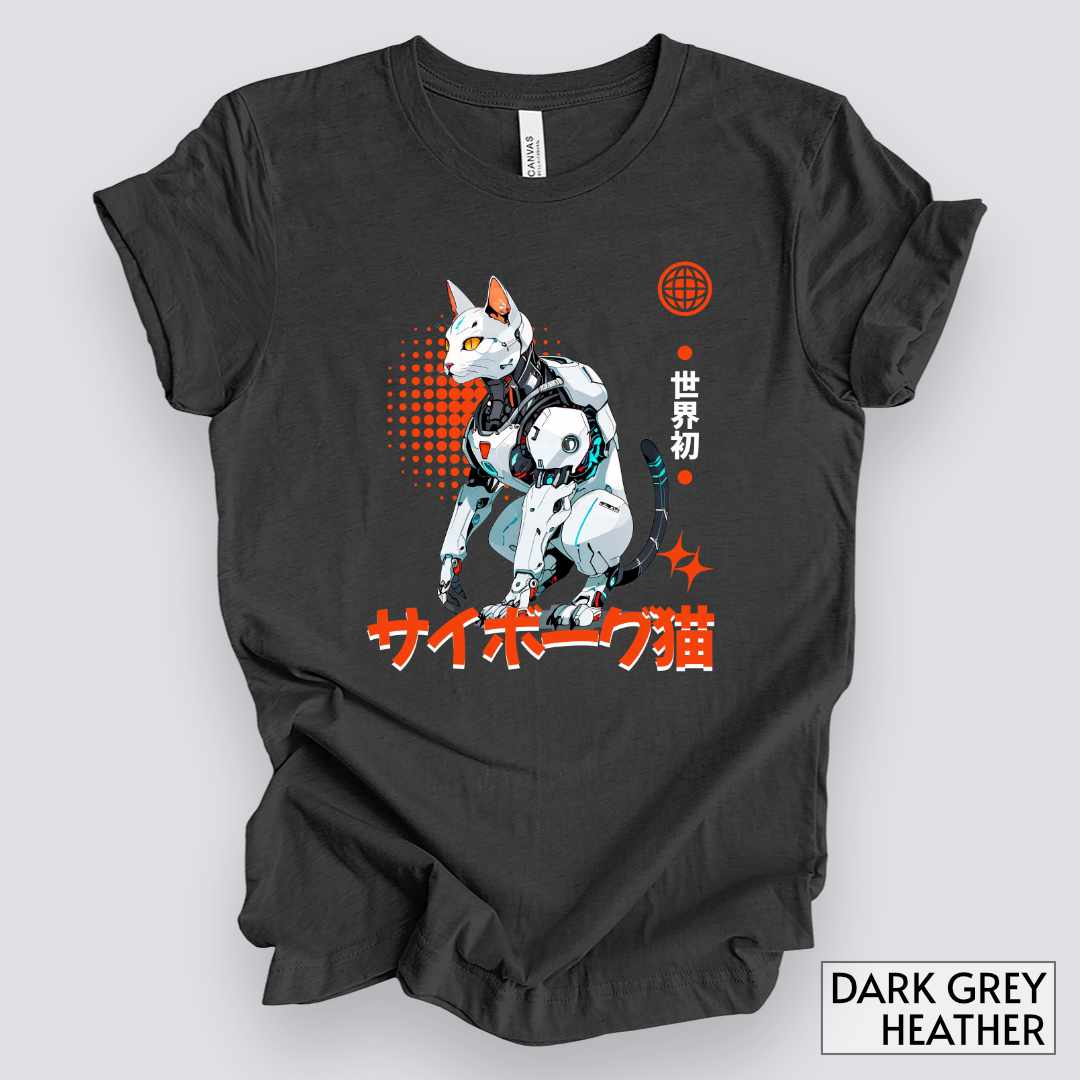 Cyborg Cat T-Shirt v2__Dark Grey Heather__ Mockup Unisex T-Shirt
