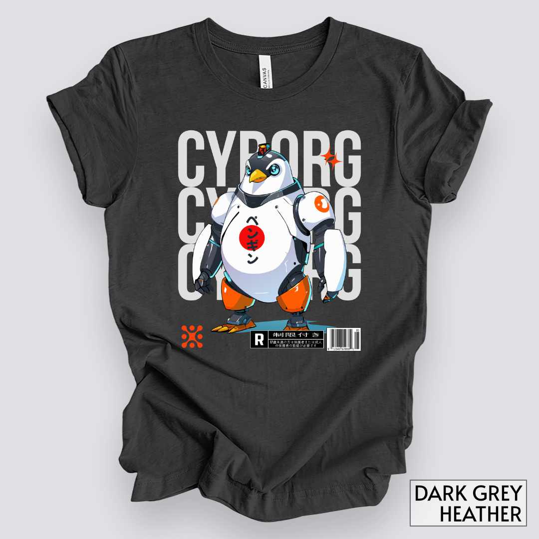 Cyborg Penguin T-Shirt__Dark Grey Heather__ Mockup Unisex T-Shirt