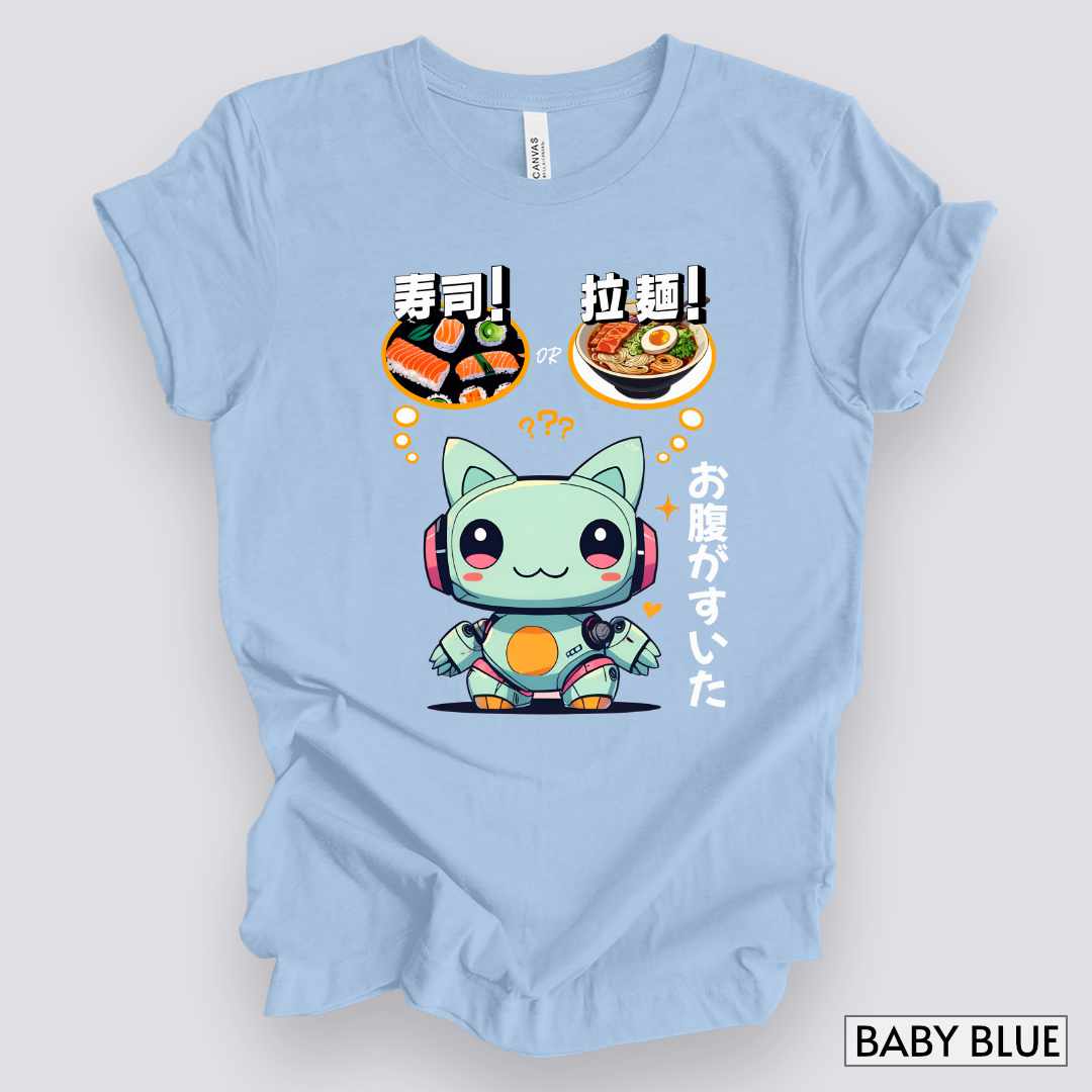 Kawaii Animal Robot Deciding Between Sushi or Ramen T-Shirt__Baby Blue__ Mockup Unisex T-Shirt