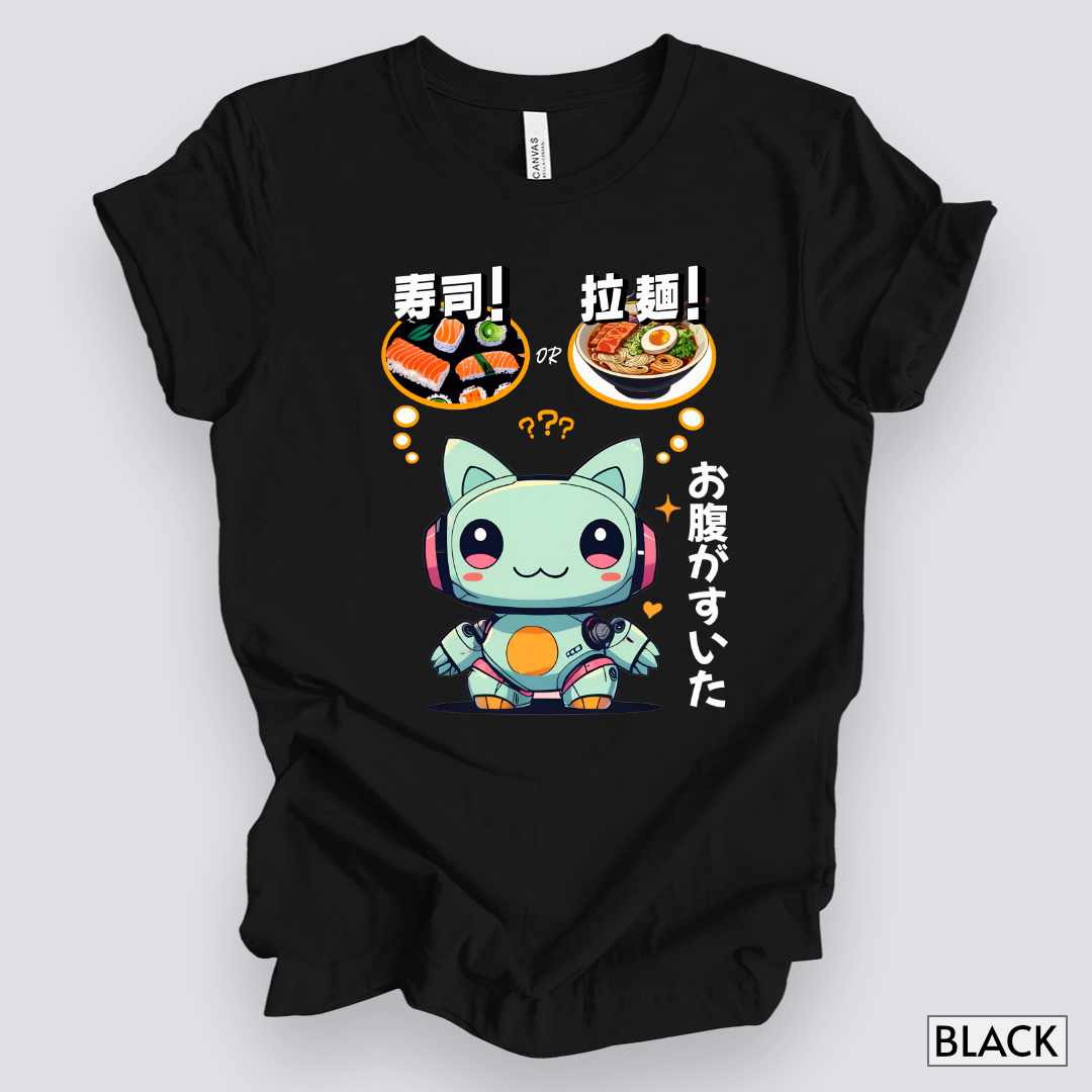 Kawaii Animal Robot Deciding Between Sushi or Ramen T-Shirt__Black__ Mockup Unisex T-Shirt