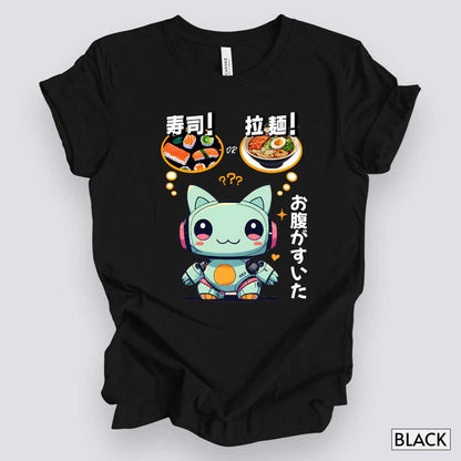 Kawaii Animal Robot Deciding Between Sushi or Ramen T-Shirt__Black__ Mockup Unisex T-Shirt