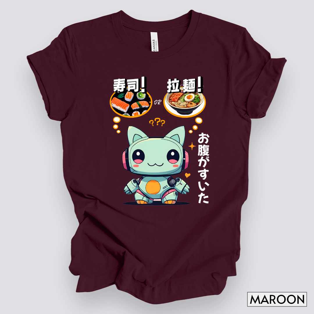 Kawaii Animal Robot Deciding Between Sushi or Ramen T-Shirt__Maroon__ Mockup Unisex T-Shirt
