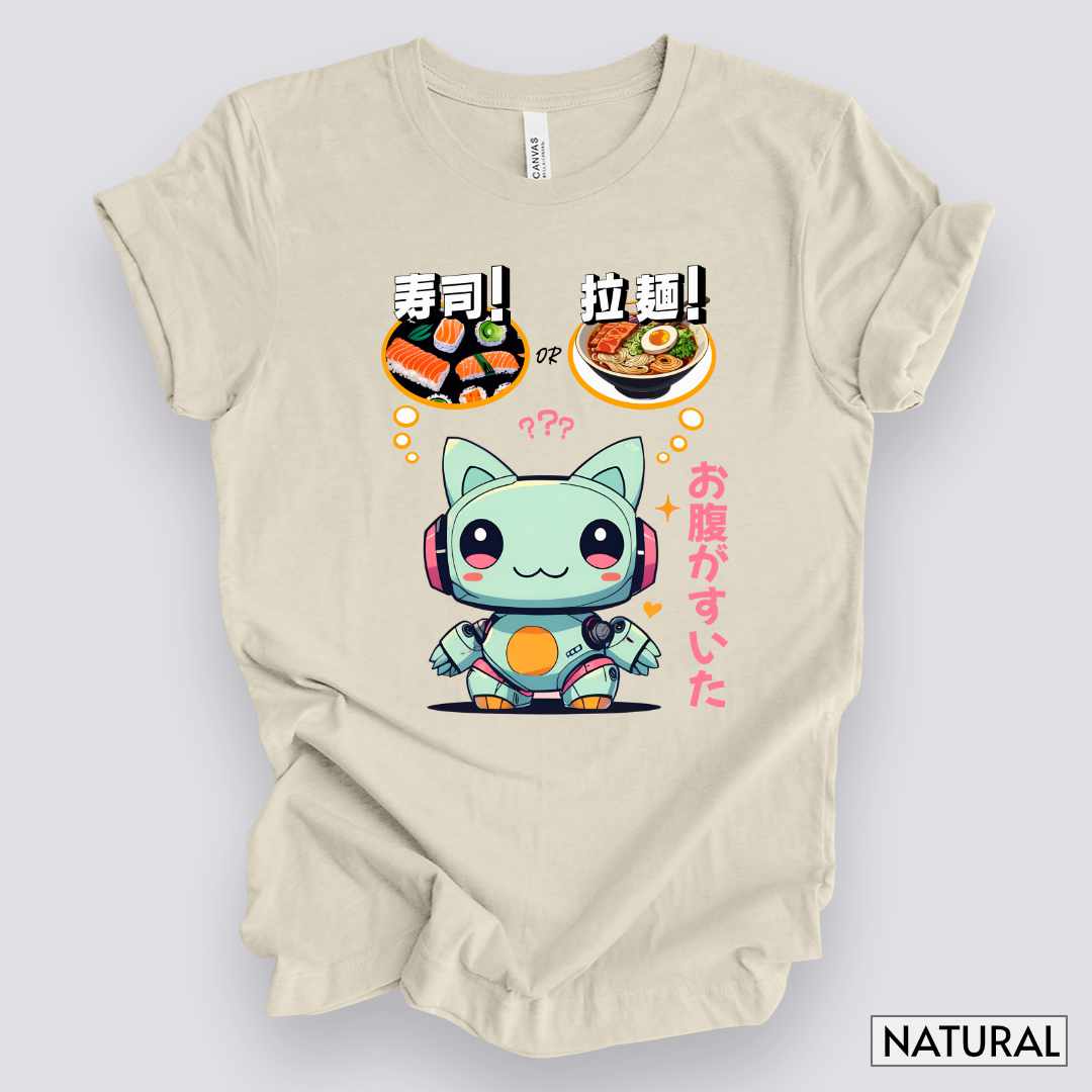 Kawaii Animal Robot Deciding Between Sushi or Ramen T-Shirt__Natural__ Mockup Unisex T-Shirt