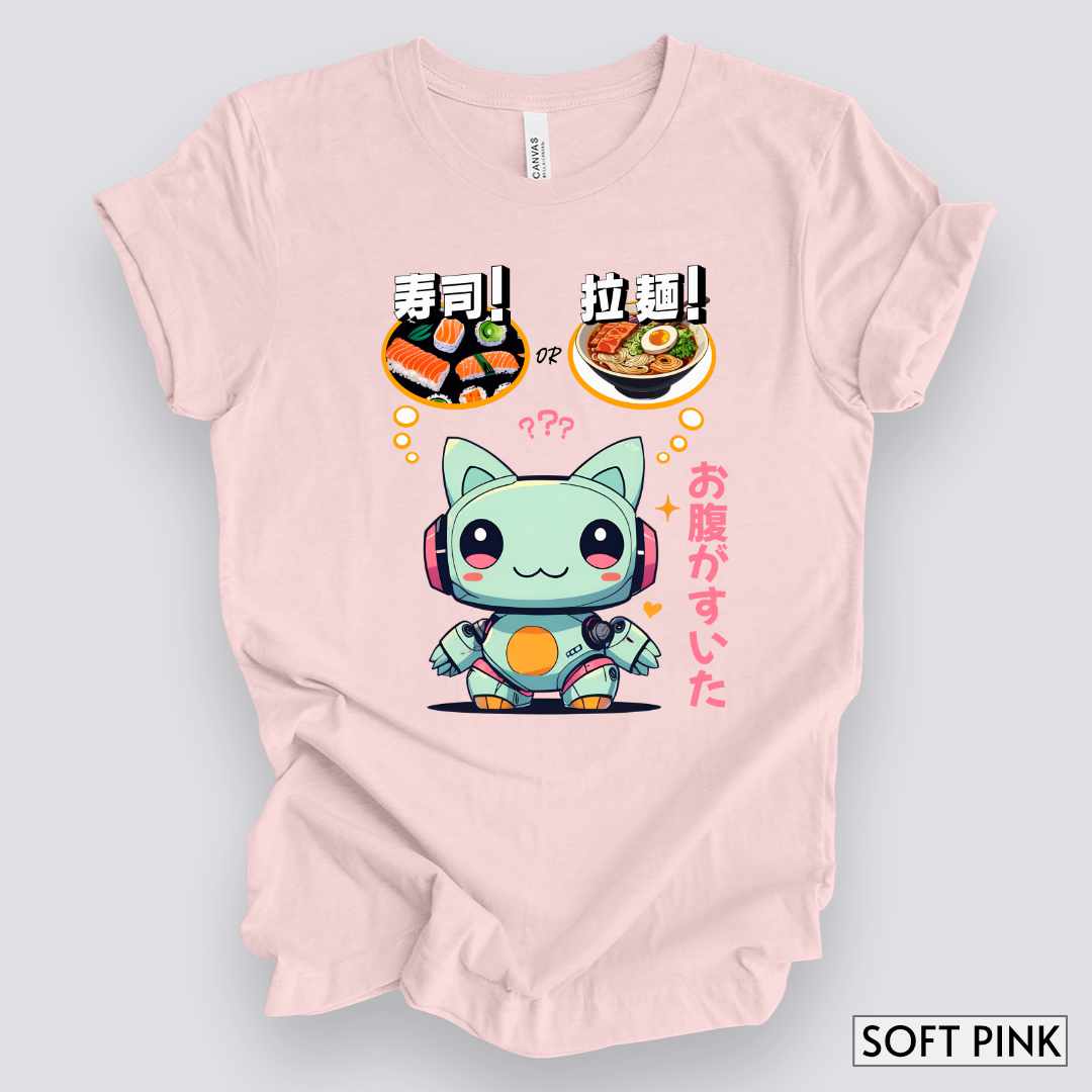 Kawaii Animal Robot Deciding Between Sushi or Ramen T-Shirt__Soft Pink__ Mockup Unisex T-Shirt