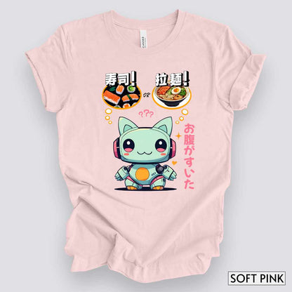 Kawaii Animal Robot Deciding Between Sushi or Ramen T-Shirt__Soft Pink__ Mockup Unisex T-Shirt