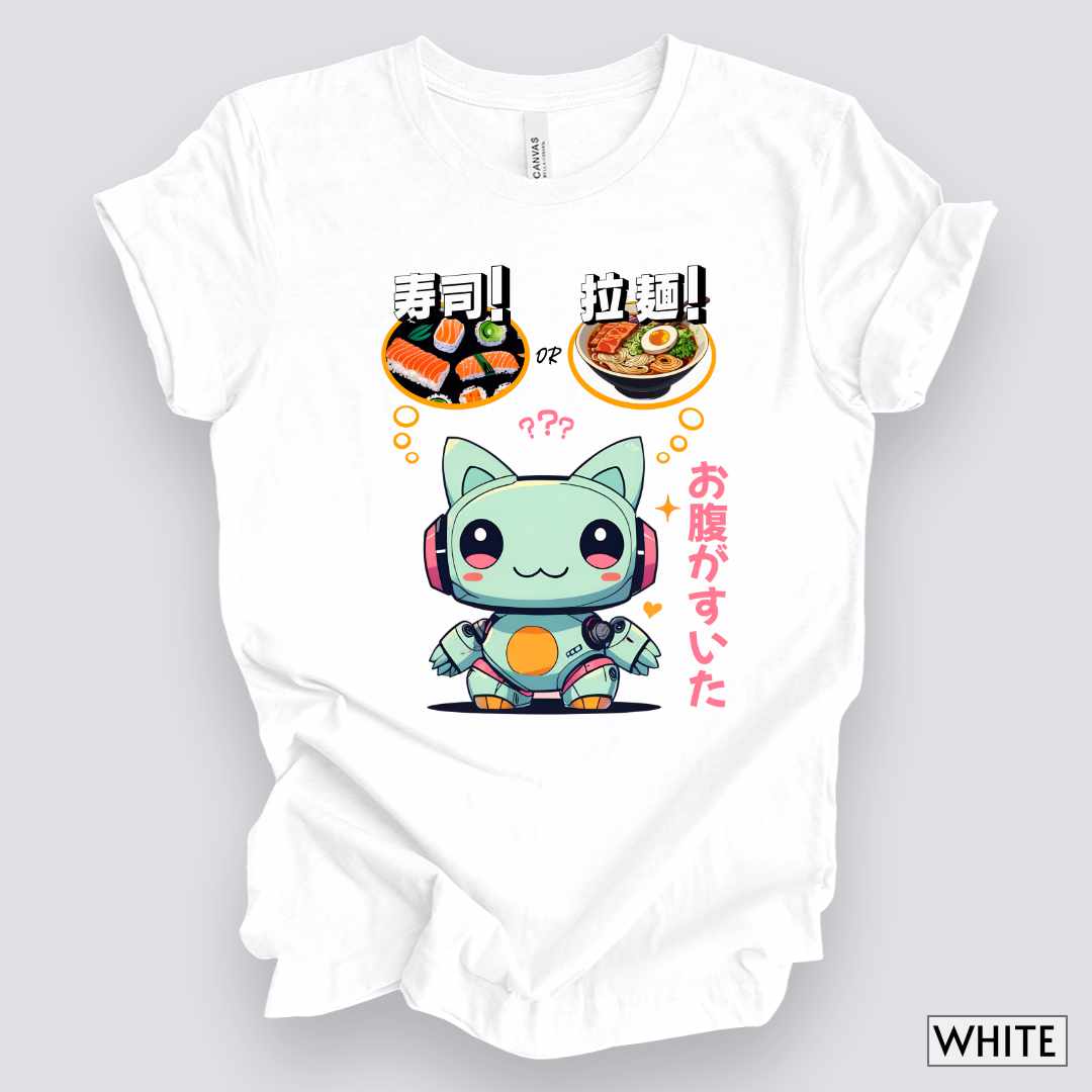 Kawaii Animal Robot Deciding Between Sushi or Ramen T-Shirt__White__ Mockup Unisex T-Shirt
