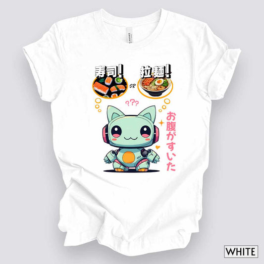 Kawaii Animal Robot Deciding Between Sushi or Ramen T-Shirt__White__ Mockup Unisex T-Shirt