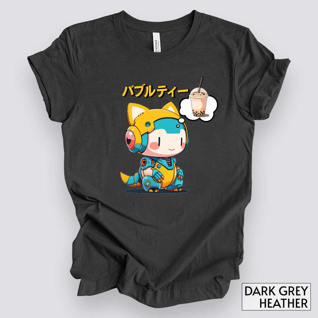 Kawaii Animal Robot Thinking of Bubble Tea T-Shirt__Dark Grey Heather__ Mockup Unisex T-Shirt