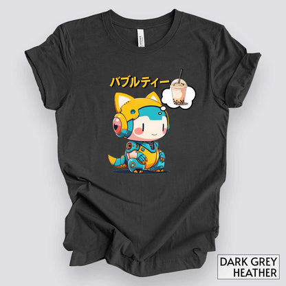 Kawaii Animal Robot Thinking of Bubble Tea T-Shirt__Dark Grey Heather__ Mockup Unisex T-Shirt