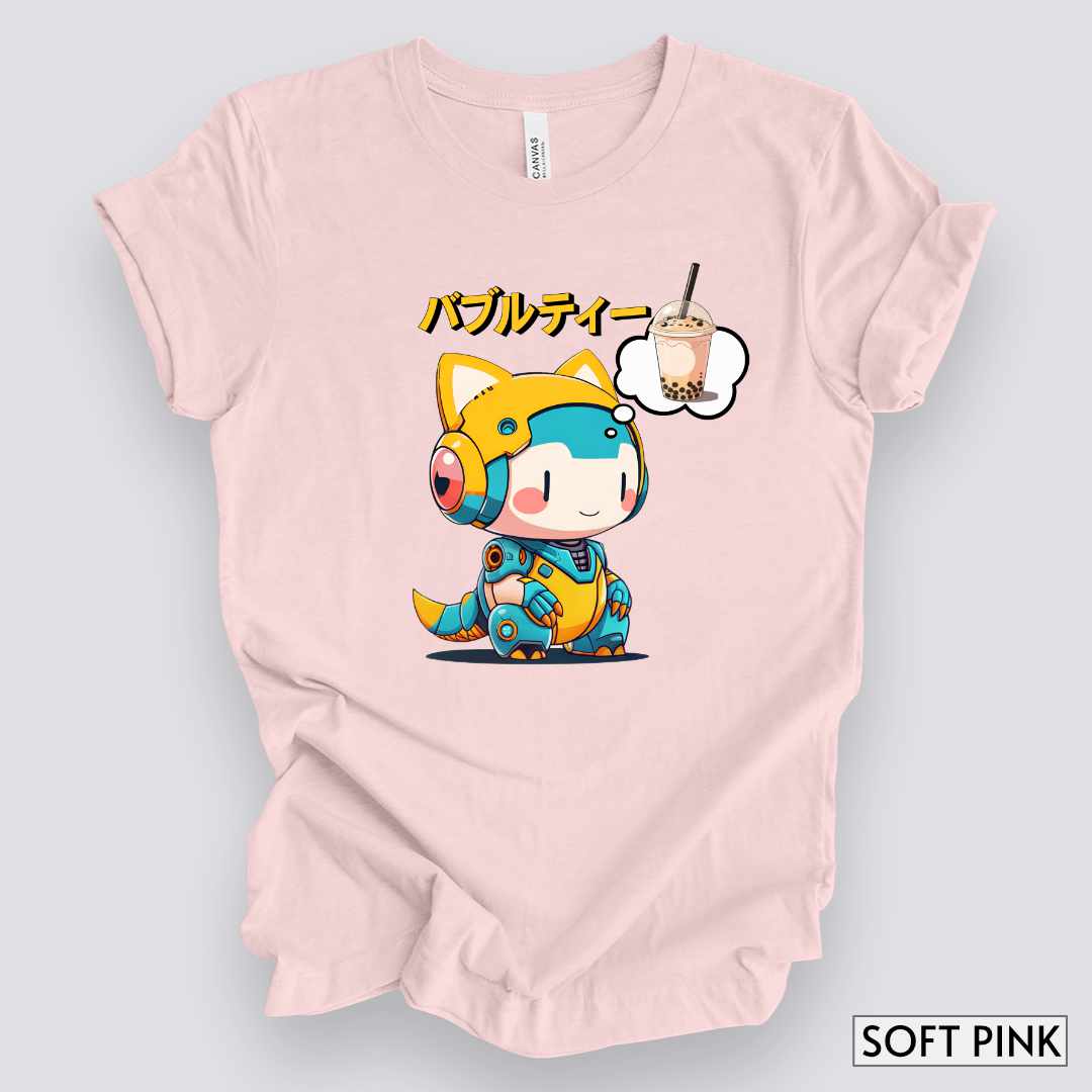 Kawaii Animal Robot Thinking of Bubble Tea T-Shirt__Soft Pink__ Mockup Unisex T-Shirt