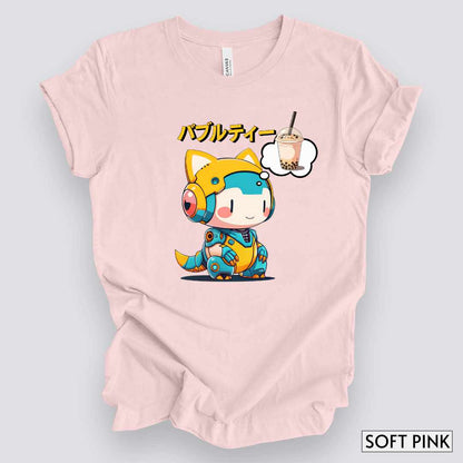 Kawaii Animal Robot Thinking of Bubble Tea T-Shirt__Soft Pink__ Mockup Unisex T-Shirt