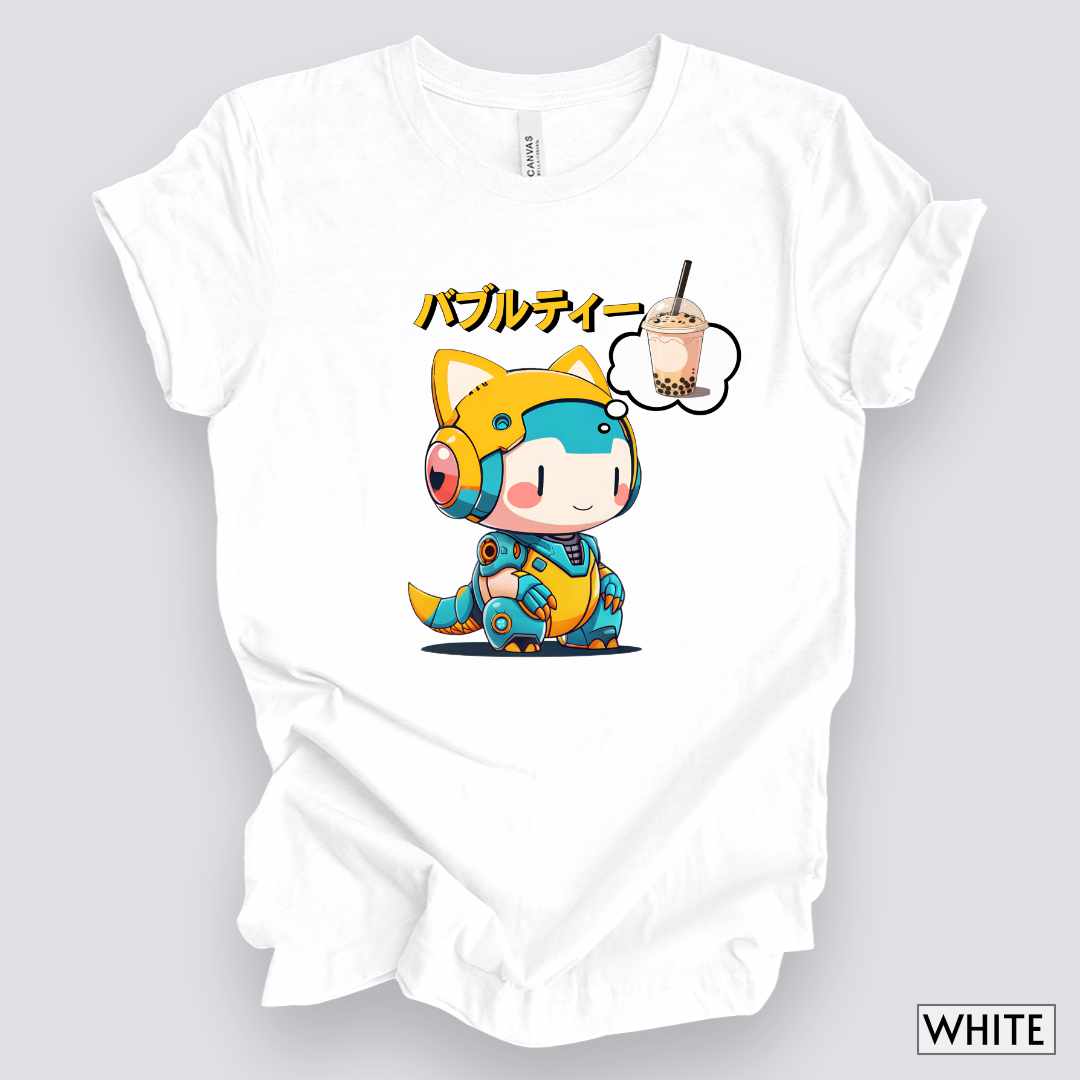 Kawaii Animal Robot Thinking of Bubble Tea T-Shirt__White__ Mockup Unisex T-Shirt